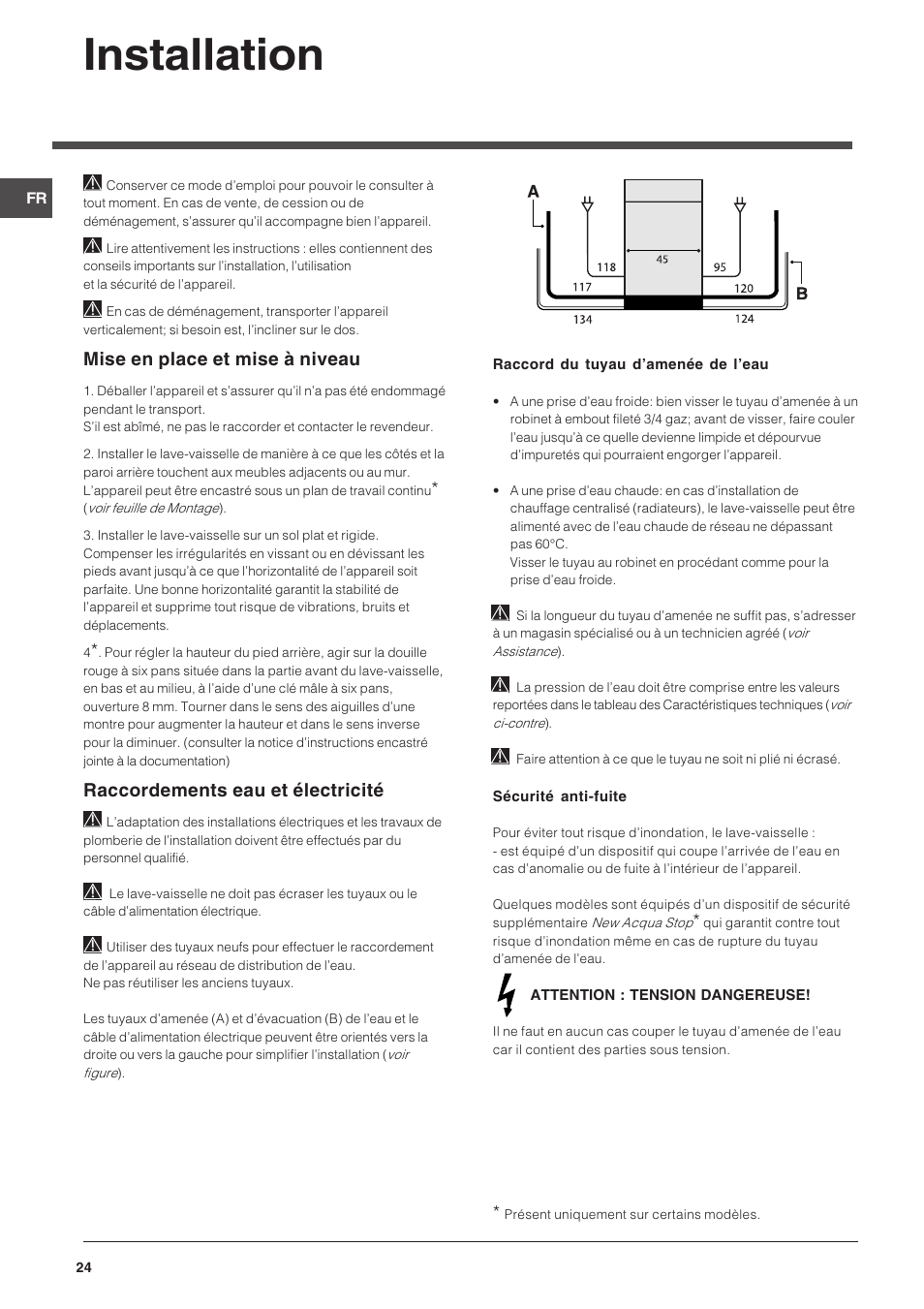 Installation, Mise en place et mise à niveau, Raccordements eau et électricité | Indesit DIS 16 User Manual | Page 24 / 80