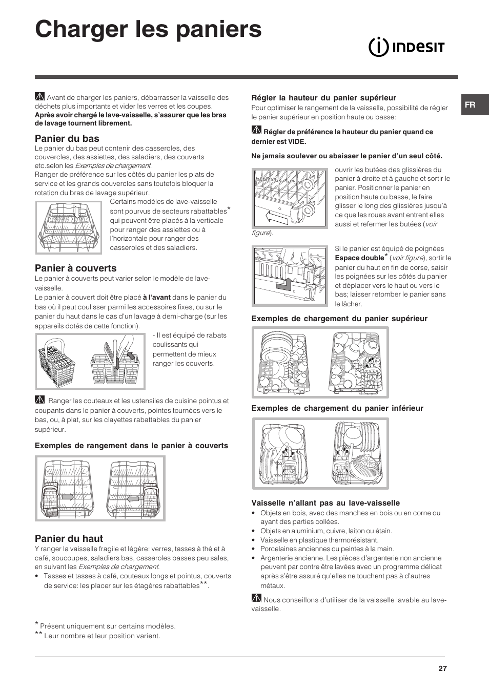 Charger les paniers, Panier du bas, Panier à couverts | Panier du haut | Indesit DIS 16 User Manual | Page 27 / 80