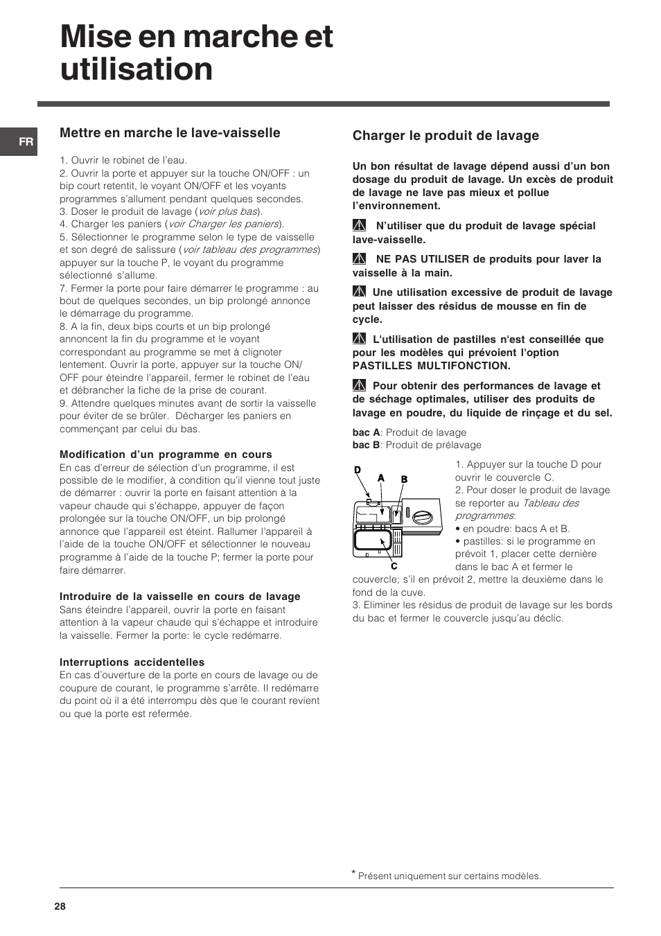 Mise en marche et utilisation, Charger le produit de lavage, Mettre en marche le lave-vaisselle | Indesit DIS 16 User Manual | Page 28 / 80