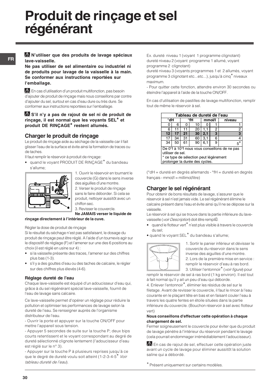 Produit de rinçage et sel régénérant, Charger le produit de rinçage, Charger le sel régénérant | Indesit DIS 16 User Manual | Page 30 / 80