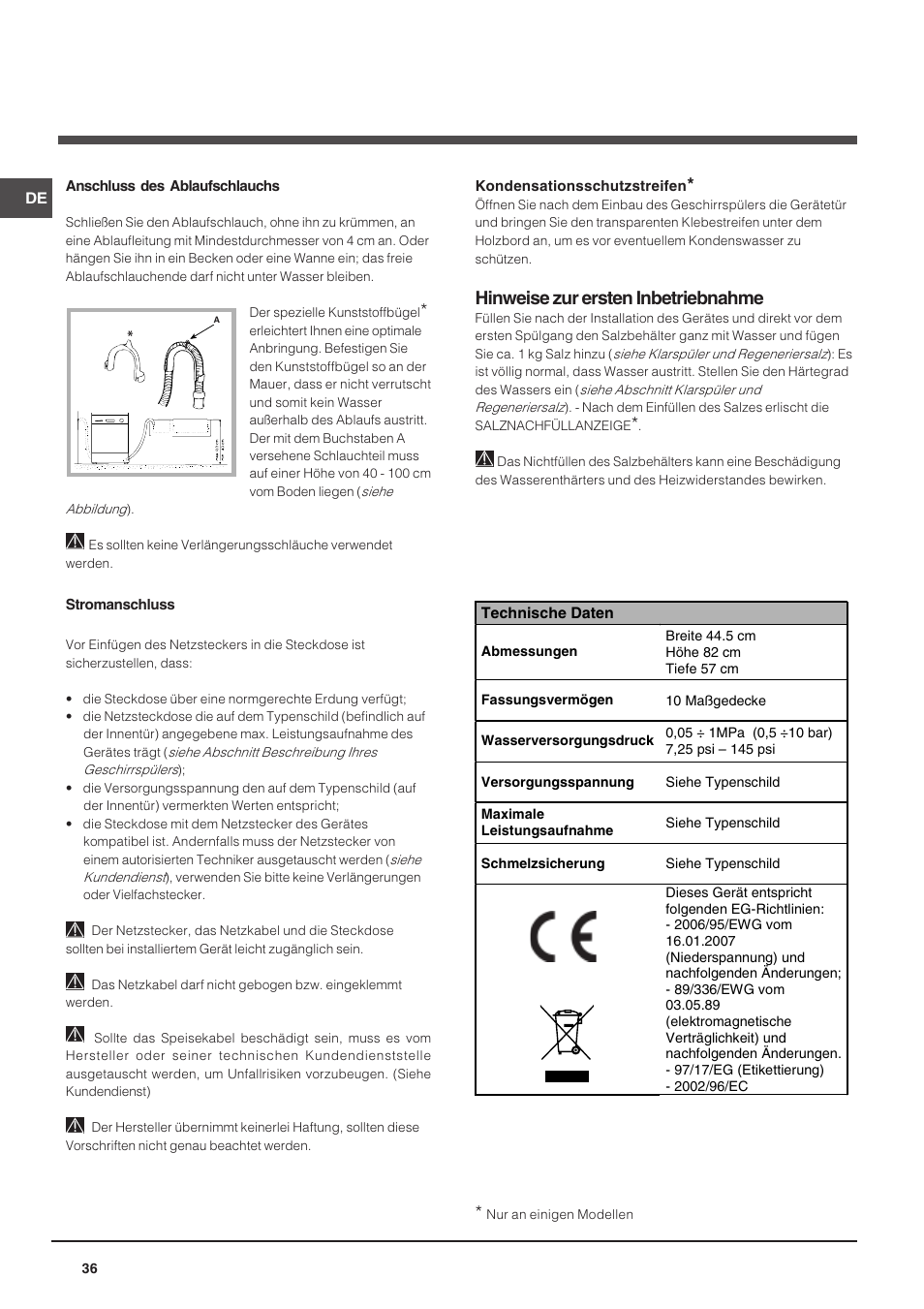 Hinweise zur ersten inbetriebnahme | Indesit DIS 16 User Manual | Page 36 / 80