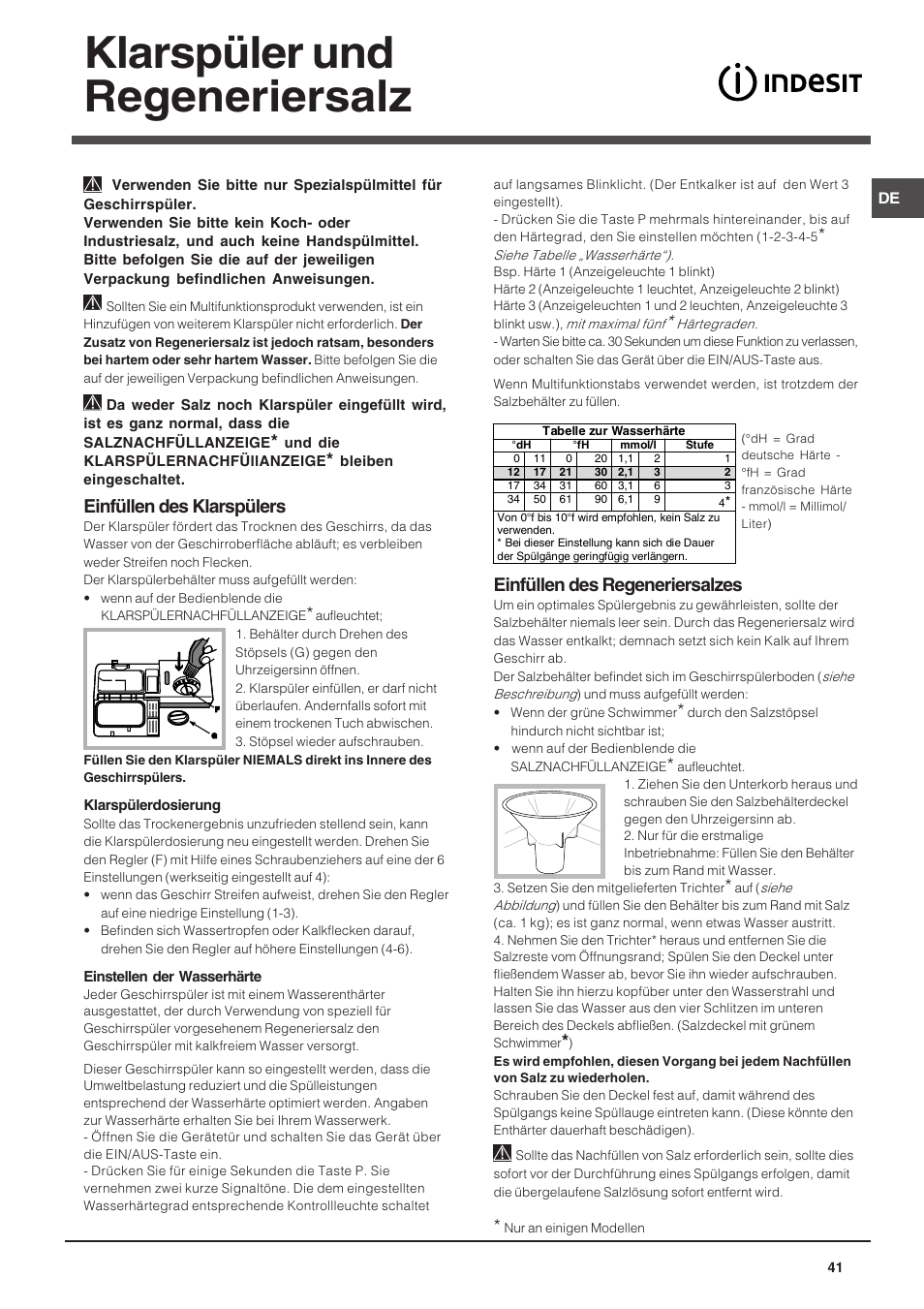 Klarspüler und regeneriersalz, Einfüllen des klarspülers, Einfüllen des regeneriersalzes | Indesit DIS 16 User Manual | Page 41 / 80