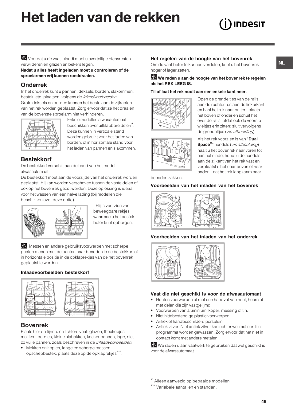 Het laden van de rekken, Onderrek, Bestekkorf | Bovenrek | Indesit DIS 16 User Manual | Page 49 / 80