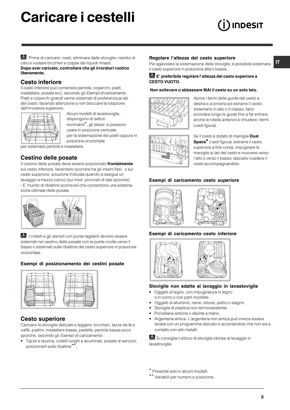 Caricare i cestelli, Cesto inferiore, Cestino delle posate | Cesto superiore | Indesit DIS 16 User Manual | Page 5 / 80