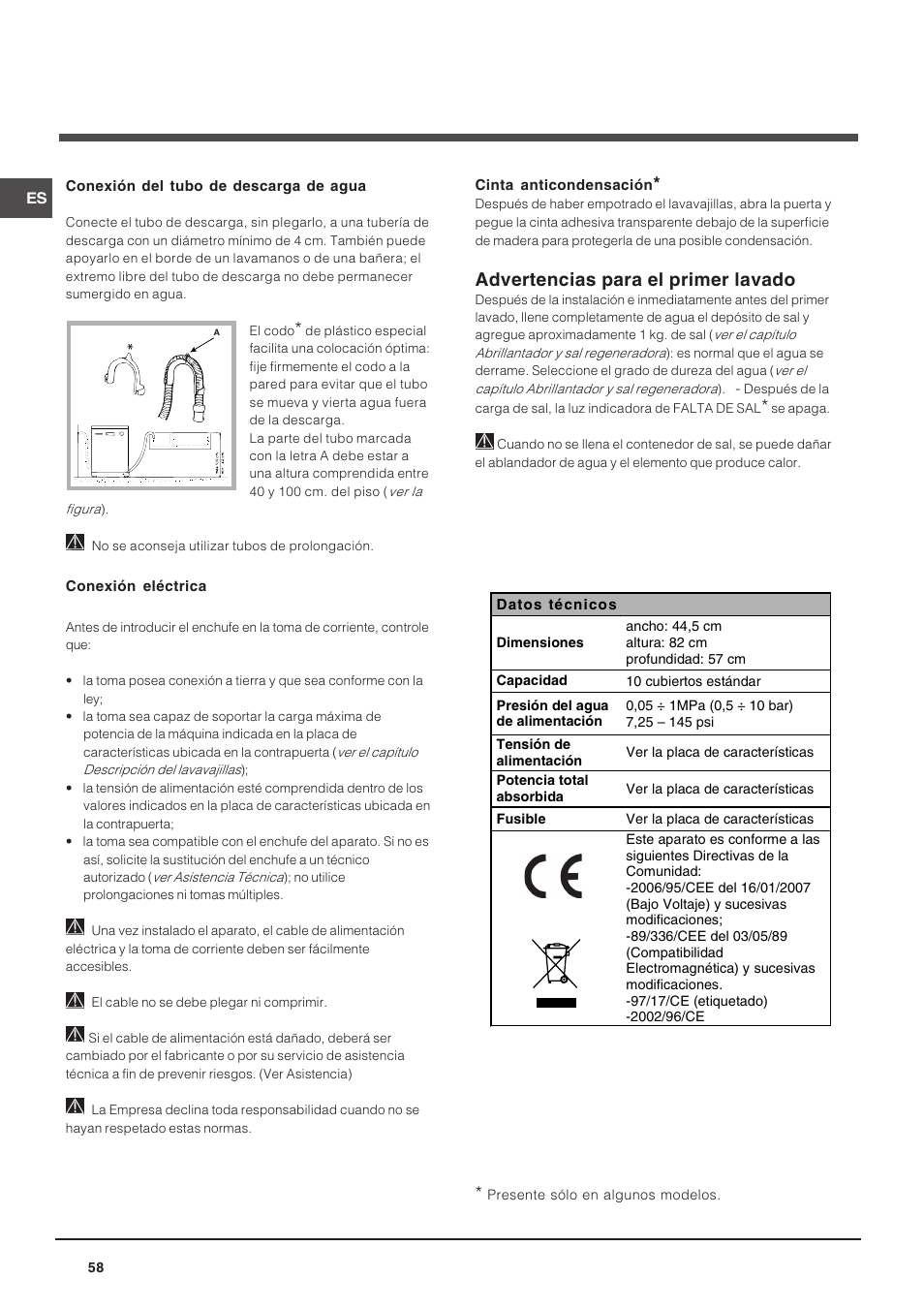 Advertencias para el primer lavado | Indesit DIS 16 User Manual | Page 58 / 80