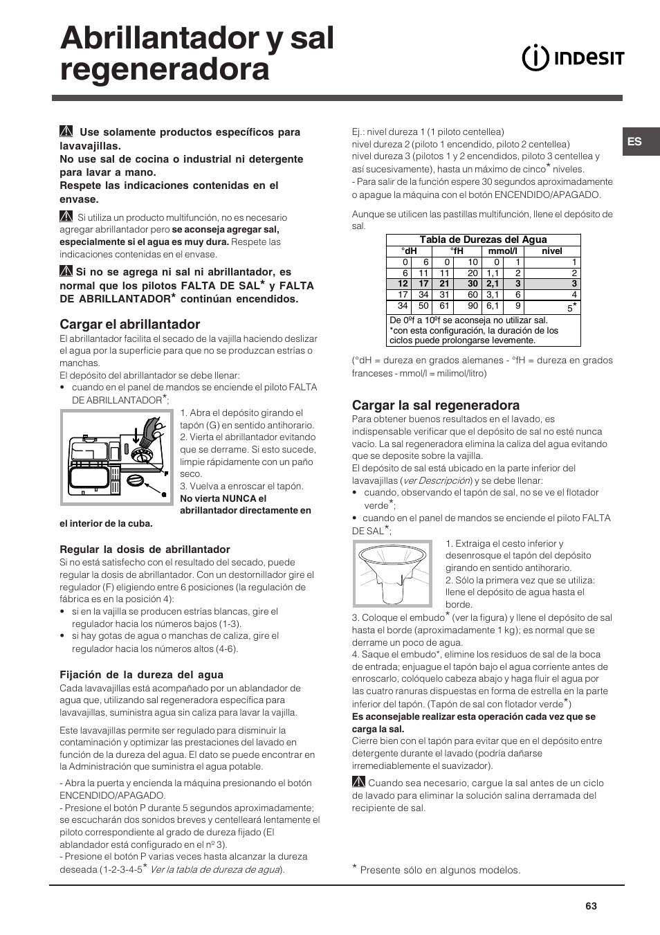 Abrillantador y sal regeneradora, Cargar el abrillantador, Cargar la sal regeneradora | Indesit DIS 16 User Manual | Page 63 / 80