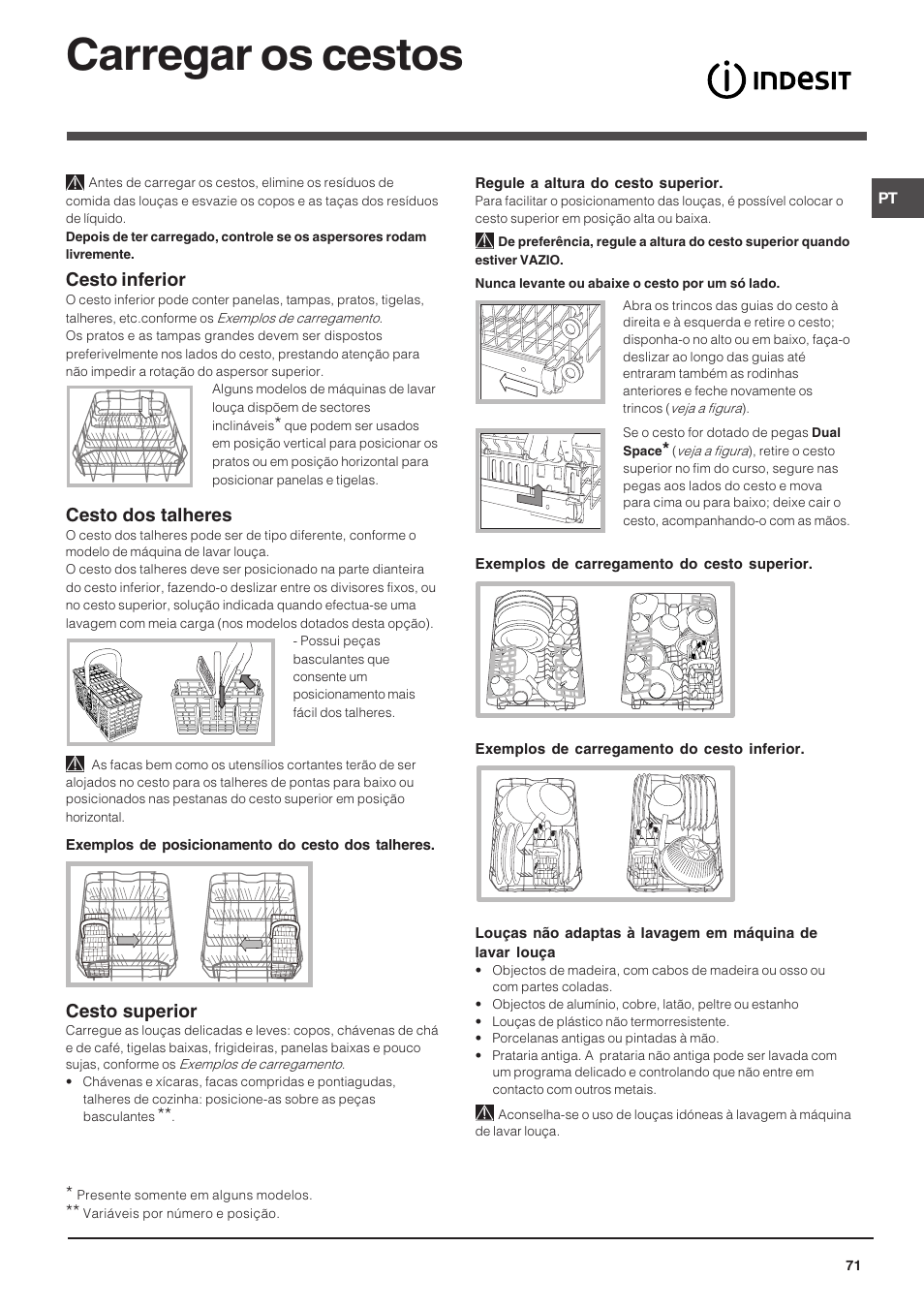 Carregar os cestos, Cesto inferior, Cesto dos talheres | Cesto superior | Indesit DIS 16 User Manual | Page 71 / 80