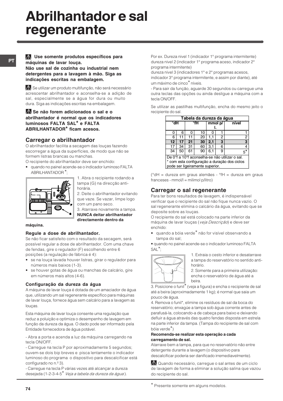 Abrilhantador e sal regenerante, Carregar o abrilhantador, Carregar o sal regenerante | Indesit DIS 16 User Manual | Page 74 / 80