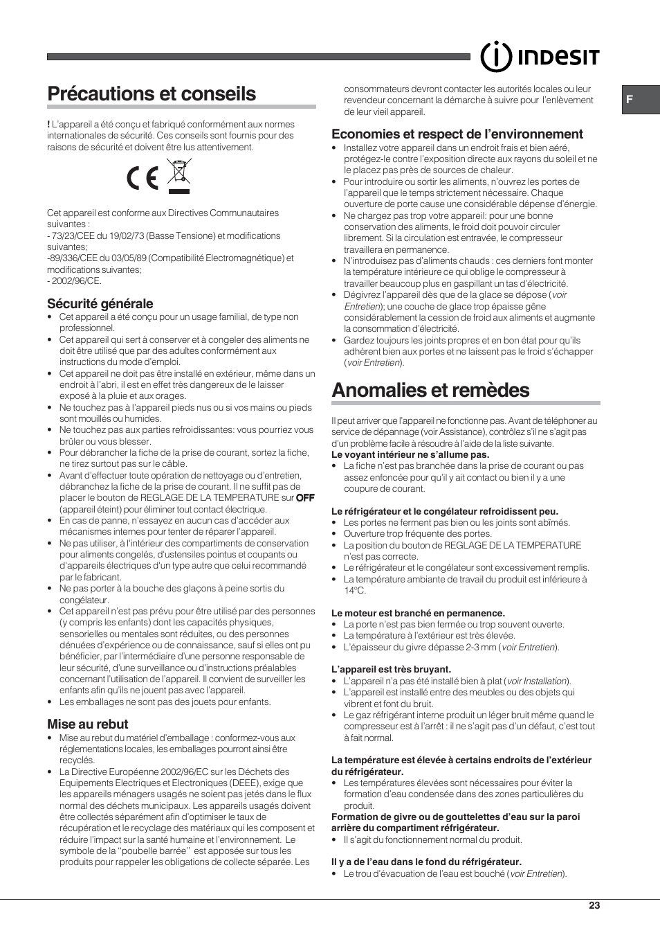 Précautions et conseils, Anomalies et remèdes, Sécurité générale | Mise au rebut, Economies et respect de l’environnement | Indesit TIAA-12-FF User Manual | Page 23 / 56