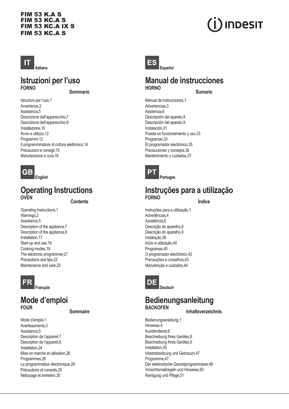 Indesit FIM-53-KC.A-IX-S User Manual | 52 pages