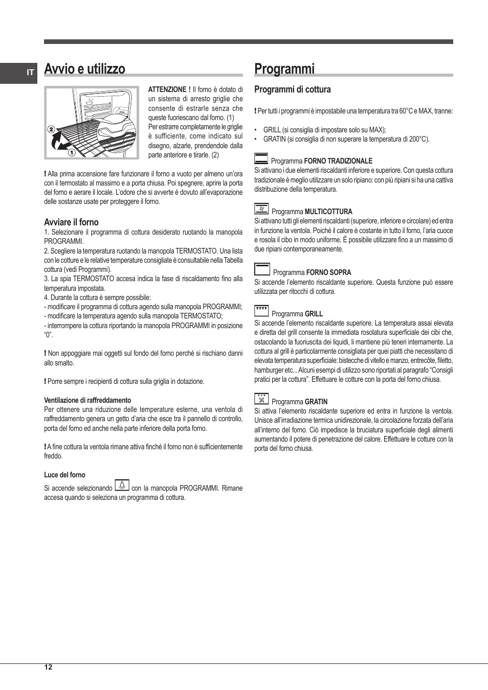 Avvio e utilizzo, Programmi, Avviare il forno | Programmi di cottura | Indesit FIM-53-KC.A-IX-S User Manual | Page 12 / 52