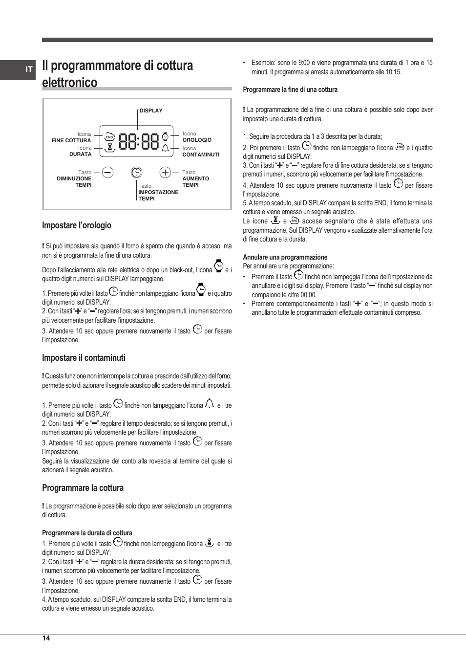 Il programmmatore di cottura elettronico, Impostare l’orologio, Impostare il contaminuti | Programmare la cottura | Indesit FIM-53-KC.A-IX-S User Manual | Page 14 / 52