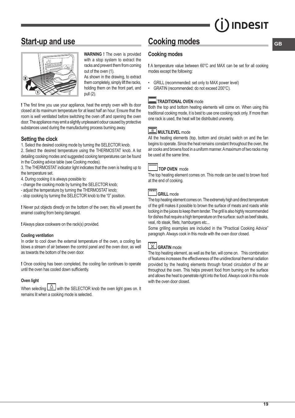 Start-up and use, Cooking modes, Setting the clock | Indesit FIM-53-KC.A-IX-S User Manual | Page 19 / 52