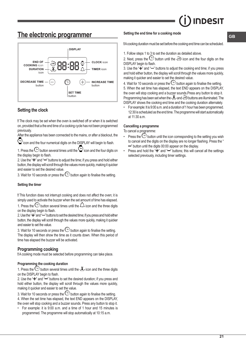 The electronic programmer, Setting the clock, Programming cooking | Indesit FIM-53-KC.A-IX-S User Manual | Page 21 / 52