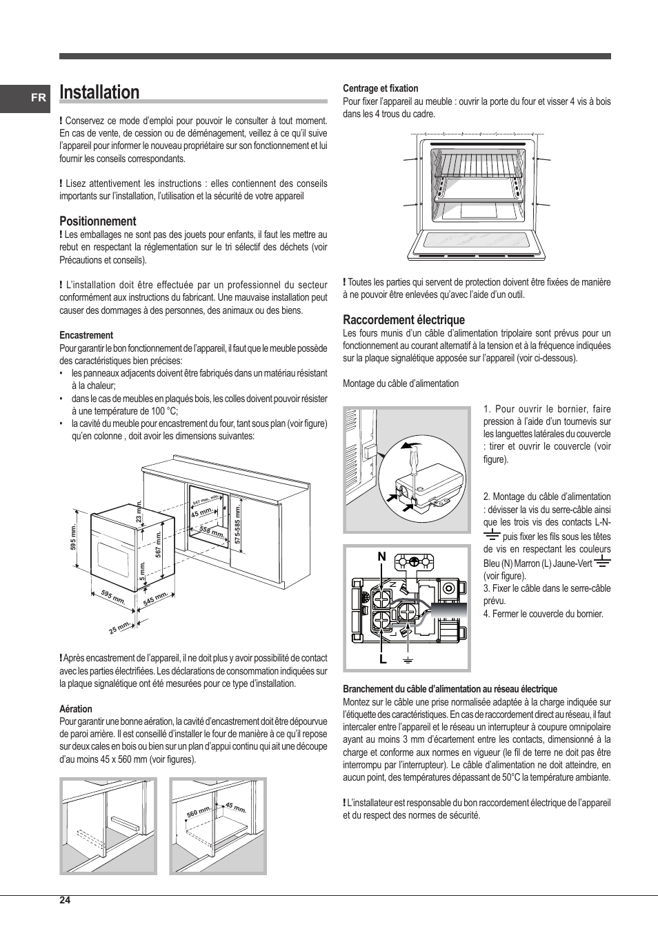 Installation, Positionnement, Raccordement électrique | Indesit FIM-53-KC.A-IX-S User Manual | Page 24 / 52