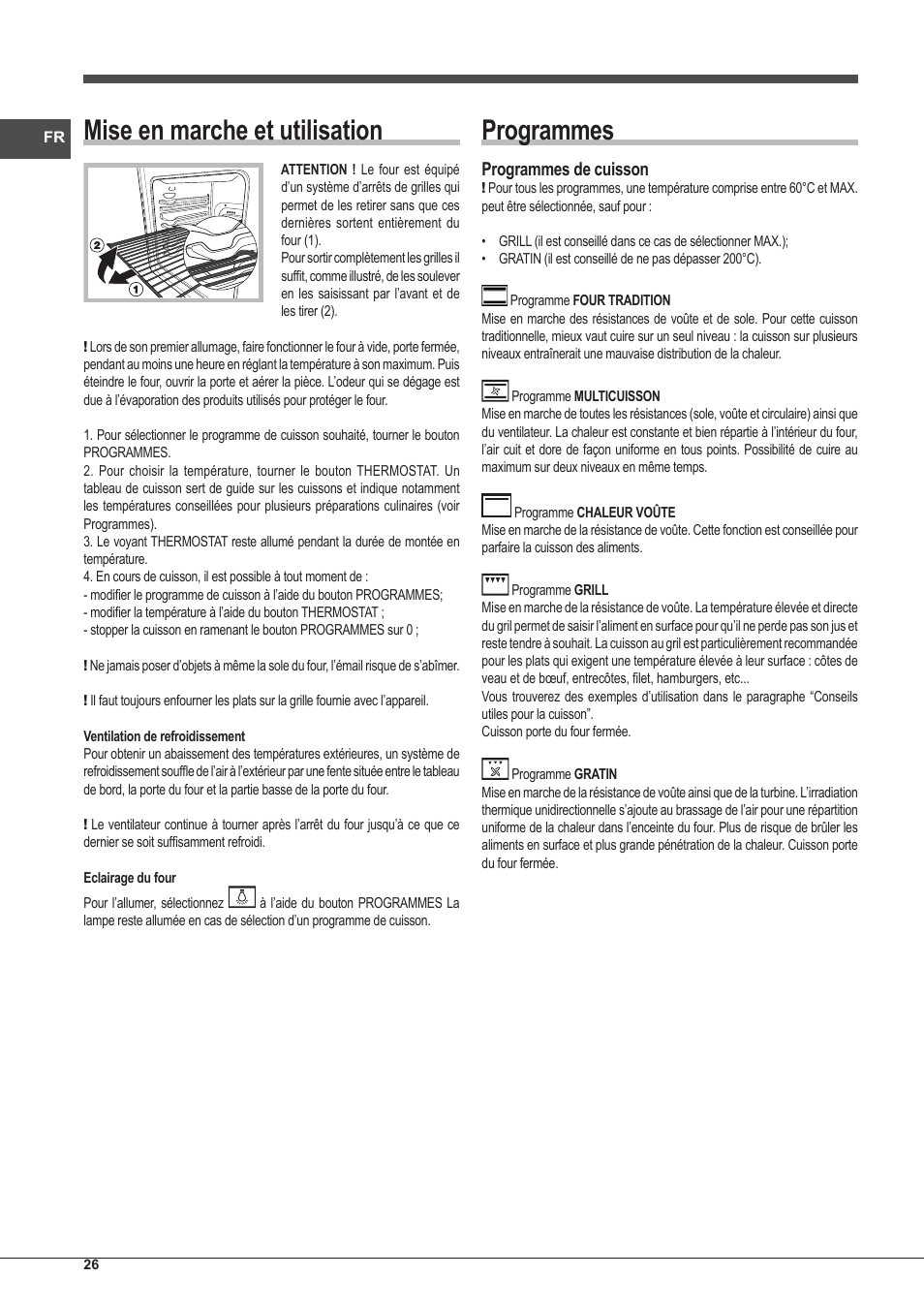 Mise en marche et utilisation, Programmes, Programmes de cuisson | Indesit FIM-53-KC.A-IX-S User Manual | Page 26 / 52