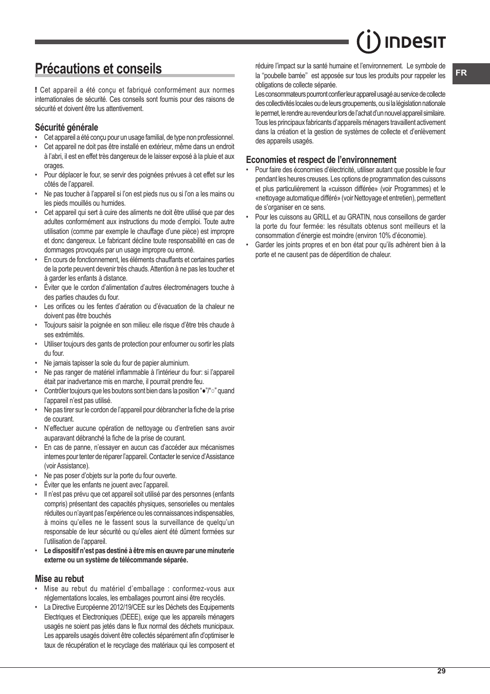 Précautions et conseils, Sécurité générale, Mise au rebut | Economies et respect de l’environnement | Indesit FIM-53-KC.A-IX-S User Manual | Page 29 / 52