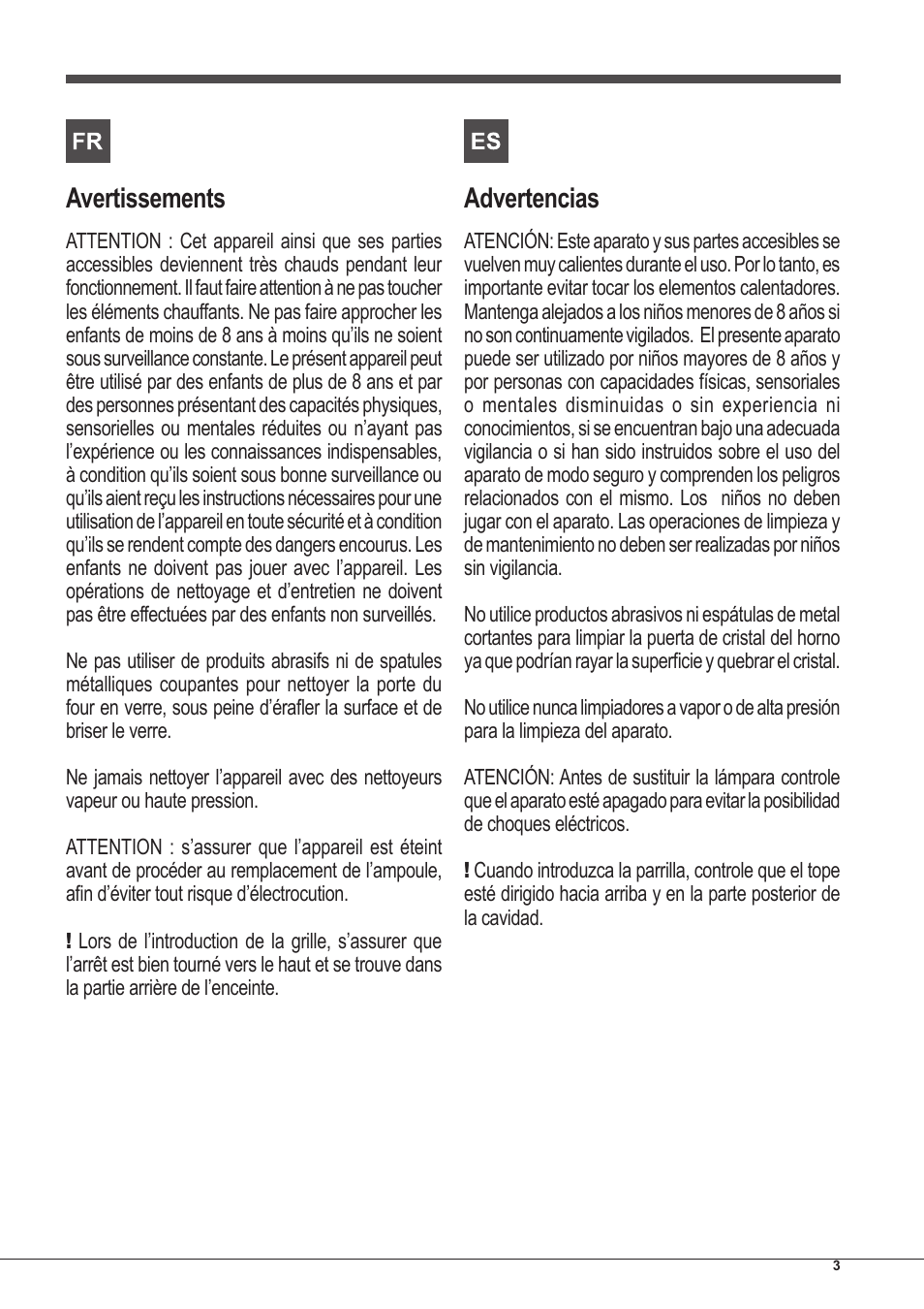 Avertissements, Advertencias | Indesit FIM-53-KC.A-IX-S User Manual | Page 3 / 52