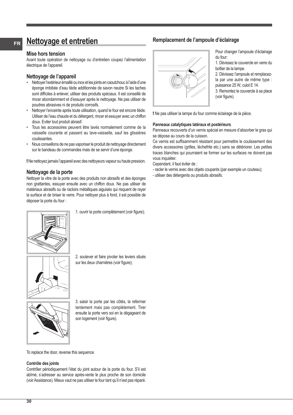 Nettoyage et entretien, Mise hors tension, Nettoyage de l’appareil | Nettoyage de la porte, Remplacement de l’ampoule d’éclairage | Indesit FIM-53-KC.A-IX-S User Manual | Page 30 / 52