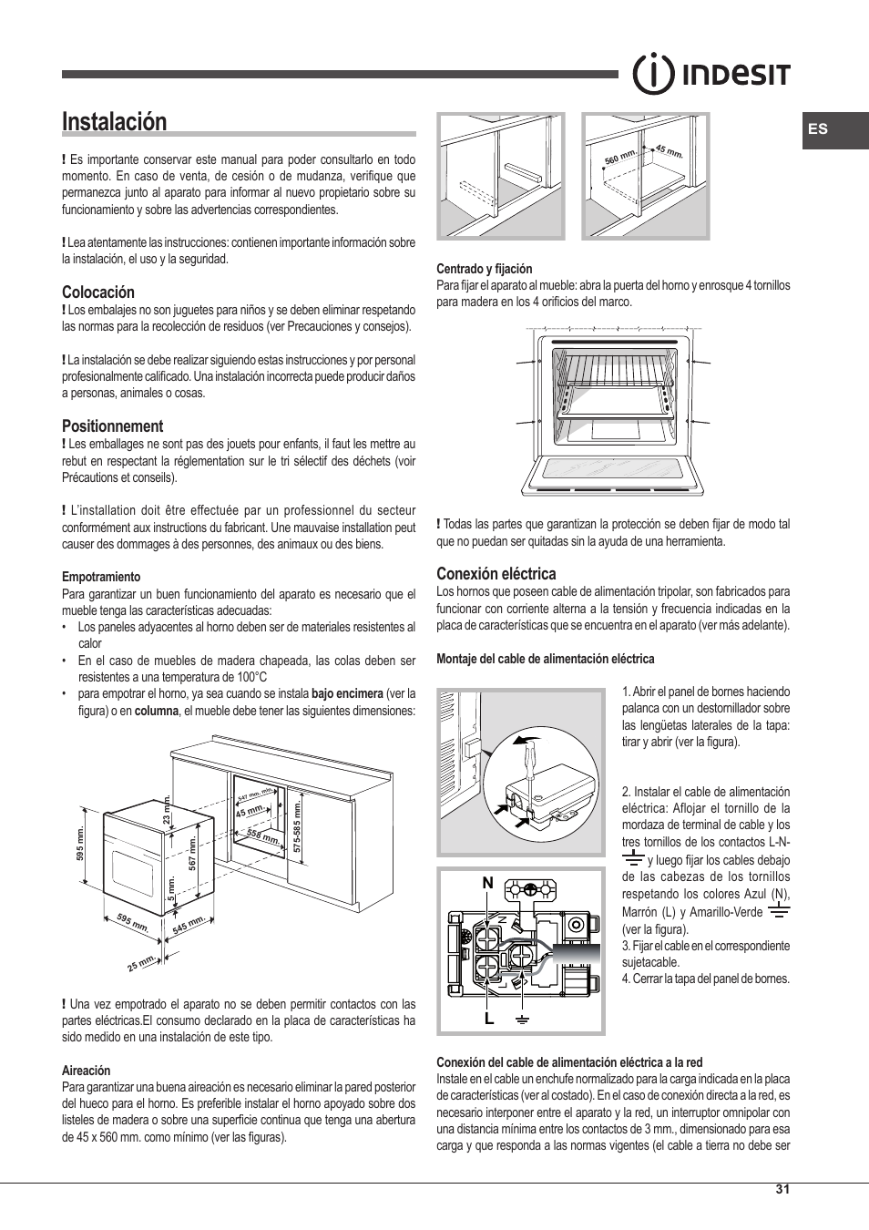 Instalación, Colocación, Positionnement | Conexión eléctrica | Indesit FIM-53-KC.A-IX-S User Manual | Page 31 / 52