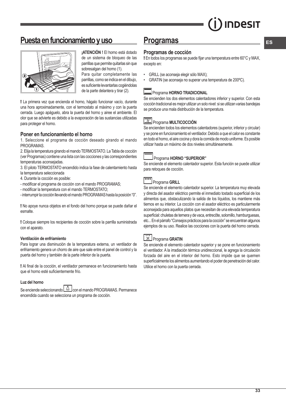 Puesta en funcionamiento y uso, Programas, Poner en funcionamiento el horno | Programas de cocción | Indesit FIM-53-KC.A-IX-S User Manual | Page 33 / 52