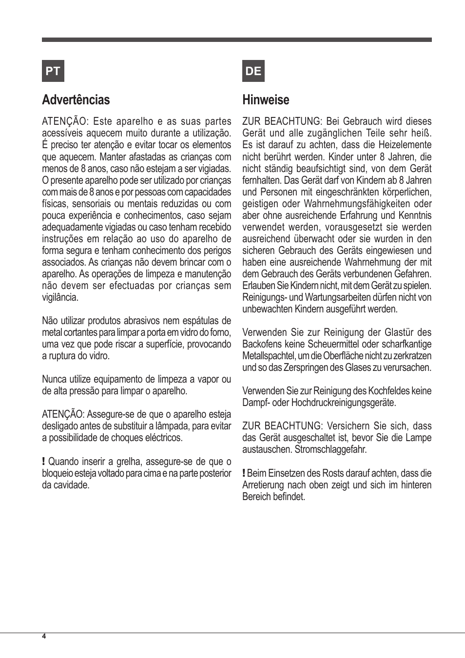 Advertências, Hinweise | Indesit FIM-53-KC.A-IX-S User Manual | Page 4 / 52