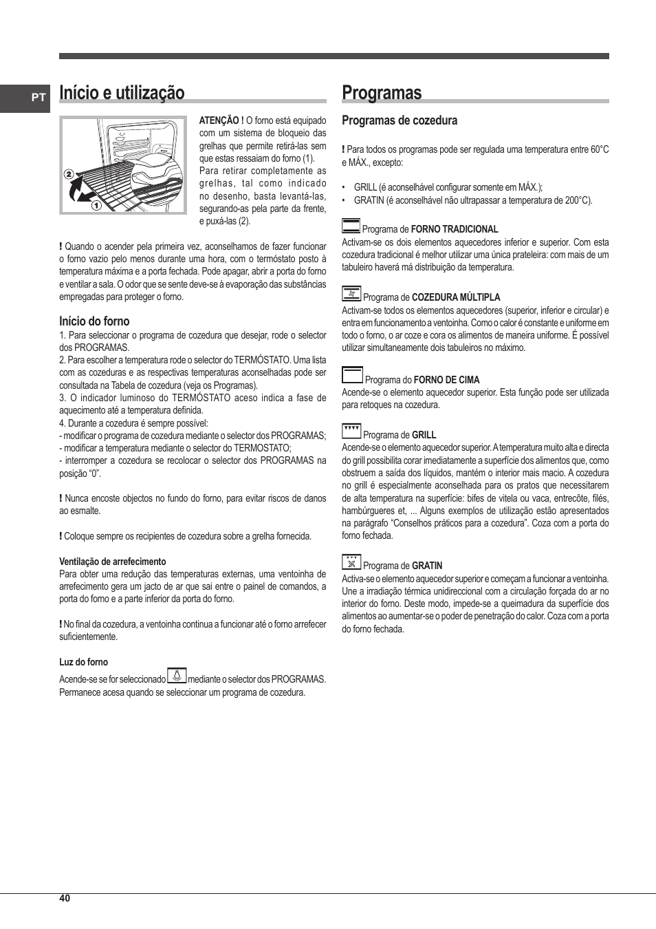 Início e utilização, Programas, Início do forno | Programas de cozedura | Indesit FIM-53-KC.A-IX-S User Manual | Page 40 / 52