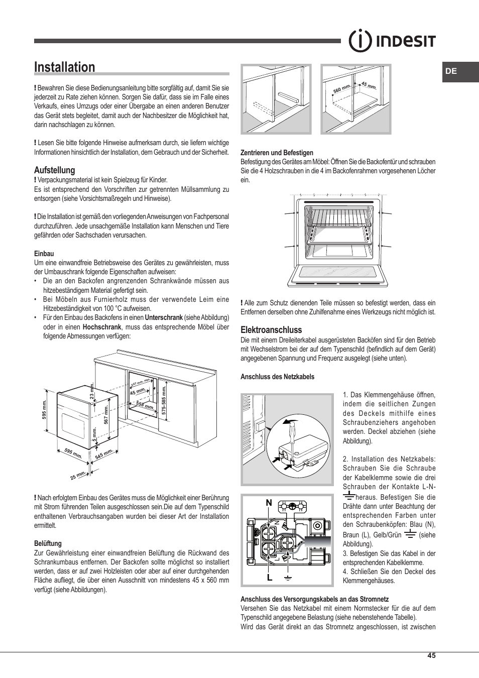 Installation, Aufstellung, Elektroanschluss | Indesit FIM-53-KC.A-IX-S User Manual | Page 45 / 52