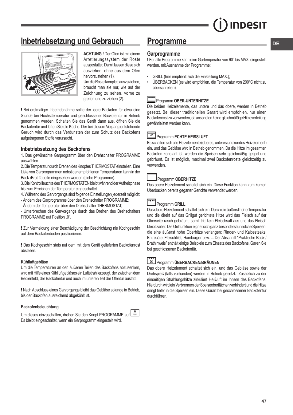 Inbetriebsetzung und gebrauch, Programme, Inbetriebsetzung des backofens | Garprogramme | Indesit FIM-53-KC.A-IX-S User Manual | Page 47 / 52