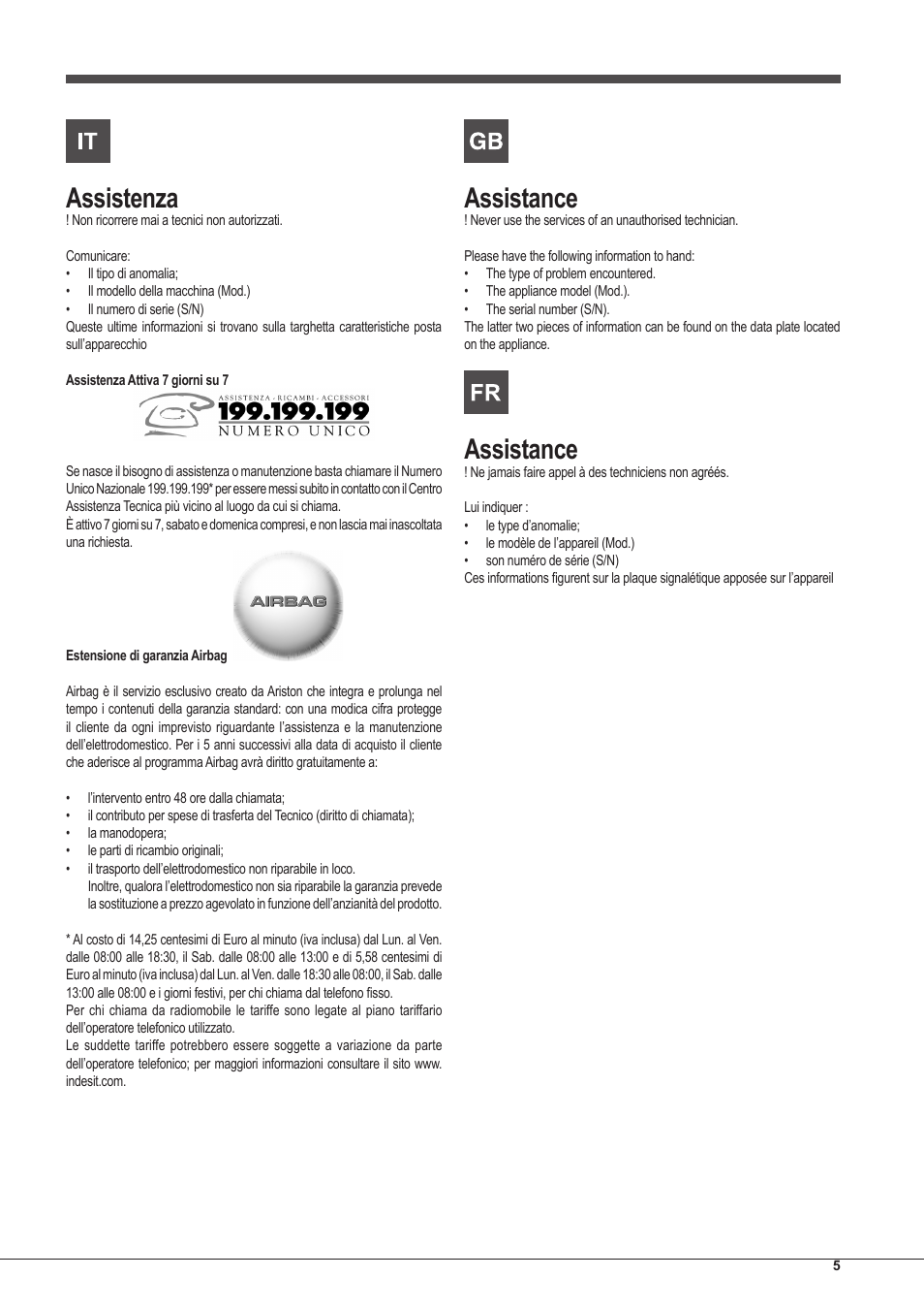 Assistenza, Assistance | Indesit FIM-53-KC.A-IX-S User Manual | Page 5 / 52