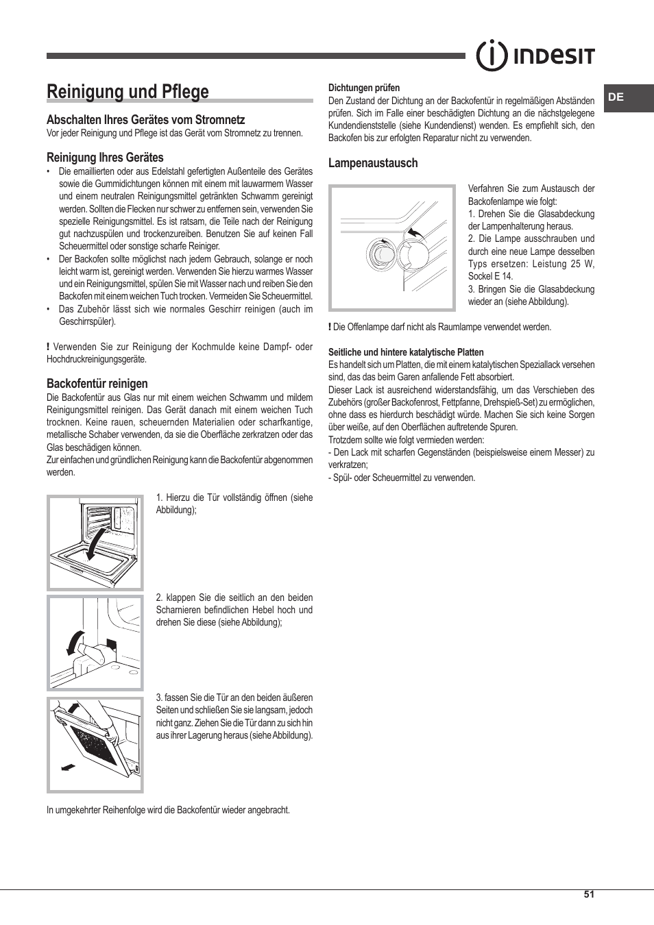 Reinigung und pflege, Abschalten ihres gerätes vom stromnetz, Reinigung ihres gerätes | Backofentür reinigen, Lampenaustausch | Indesit FIM-53-KC.A-IX-S User Manual | Page 51 / 52