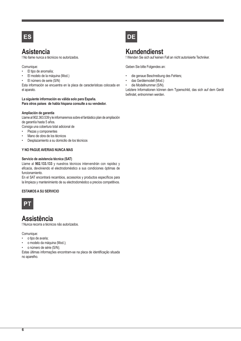 Asistencia, Assistência, Kundendienst | Indesit FIM-53-KC.A-IX-S User Manual | Page 6 / 52