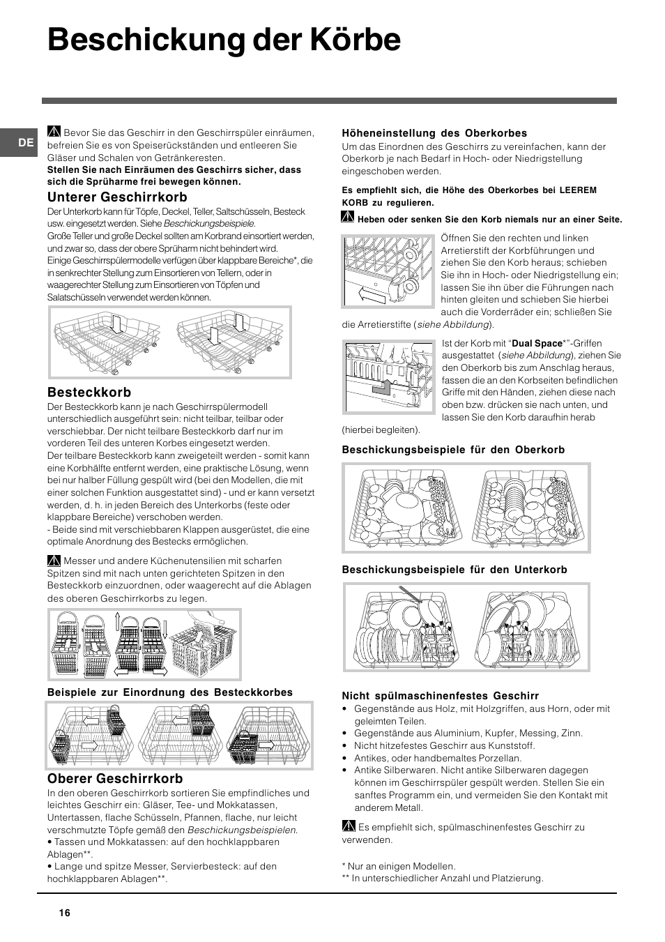 Beschickung der körbe, Unterer geschirrkorb, Besteckkorb | Oberer geschirrkorb | Indesit DIF-26-A User Manual | Page 16 / 80