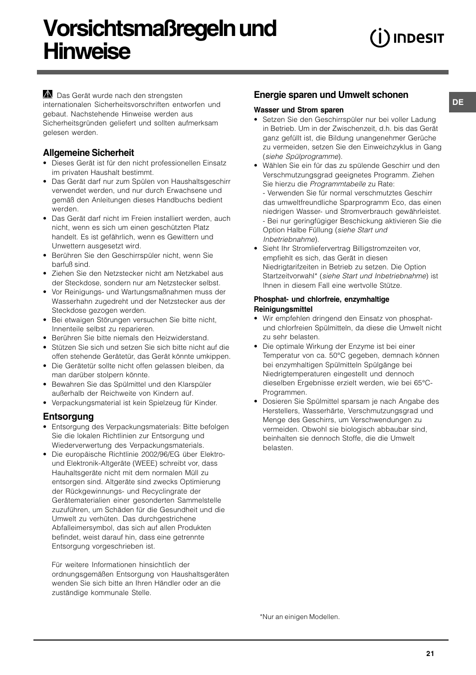 Vorsichtsmaßregeln und hinweise, Allgemeine sicherheit, Entsorgung | Energie sparen und umwelt schonen | Indesit DIF-26-A User Manual | Page 21 / 80