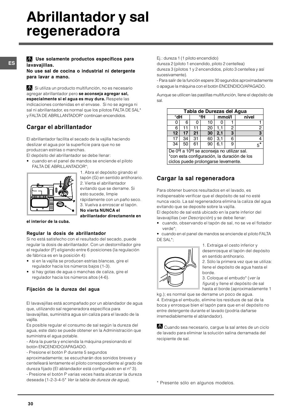 Abrillantador y sal regeneradora, Cargar el abrillantador, Cargar la sal regeneradora | Indesit DIF-26-A User Manual | Page 30 / 80