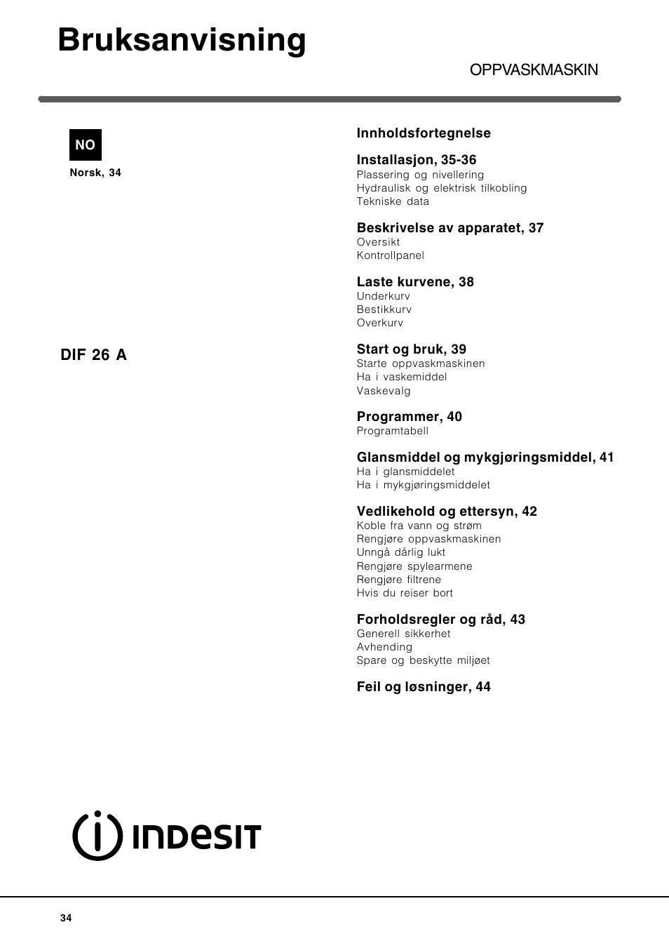 Bruksanvisning | Indesit DIF-26-A User Manual | Page 34 / 80