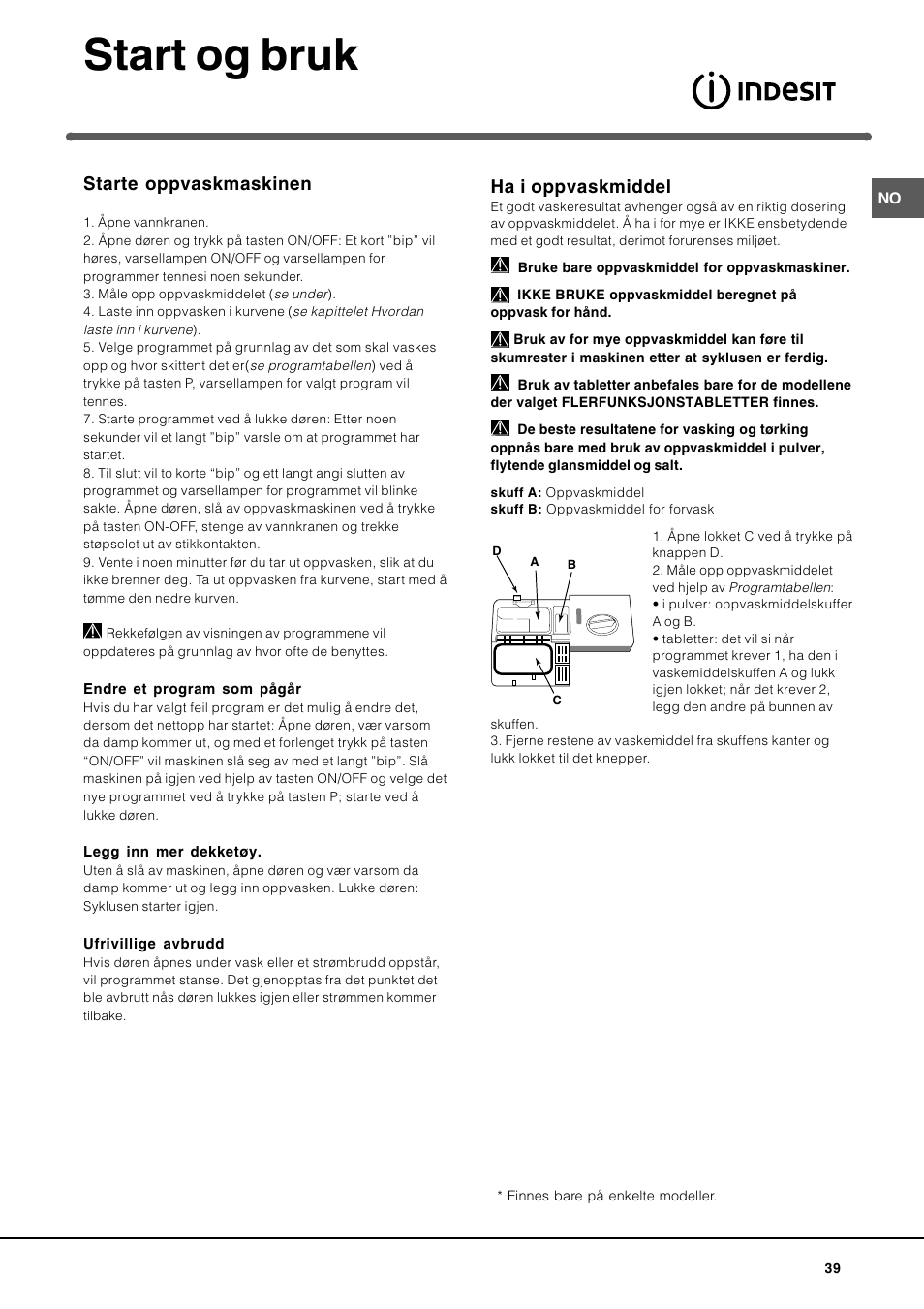 Start og bruk, Ha i oppvaskmiddel, Starte oppvaskmaskinen | Indesit DIF-26-A User Manual | Page 39 / 80