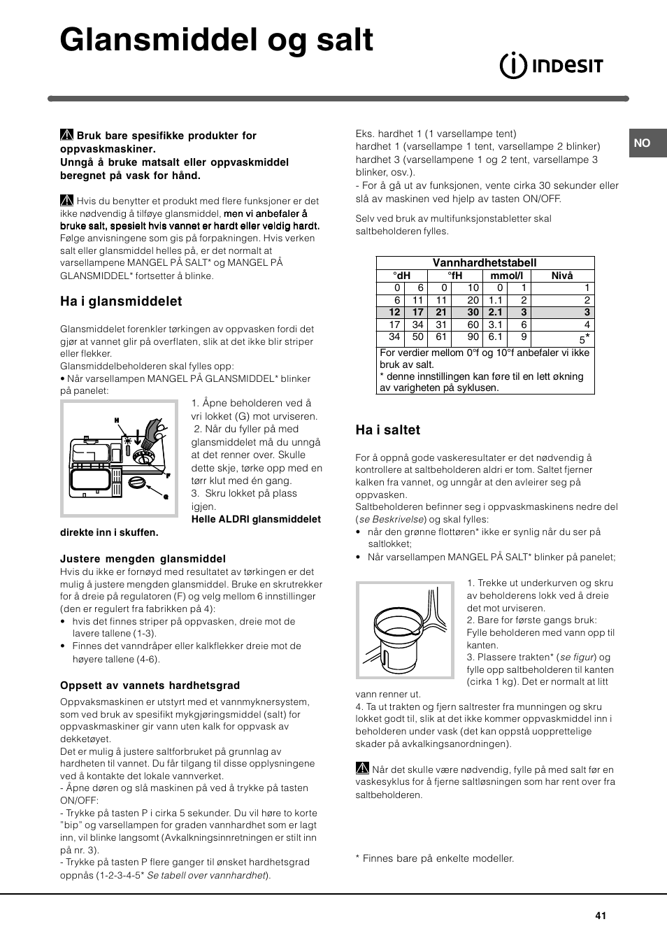 Glansmiddel og salt, Ha i glansmiddelet, Ha i saltet | Indesit DIF-26-A User Manual | Page 41 / 80