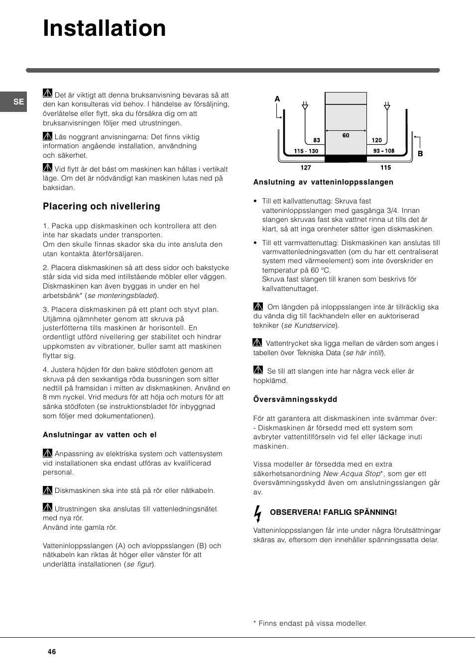 Installation, Placering och nivellering | Indesit DIF-26-A User Manual | Page 46 / 80