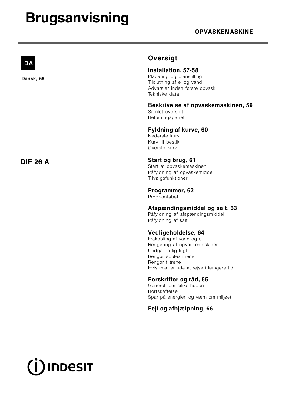 Brugsanvisning | Indesit DIF-26-A User Manual | Page 56 / 80