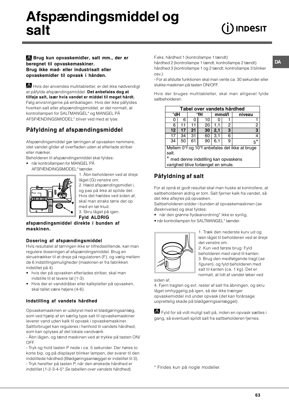 Afspændingsmiddel og salt, Påfyldning af afspændingsmiddel, Påfyldning af salt | Indesit DIF-26-A User Manual | Page 63 / 80