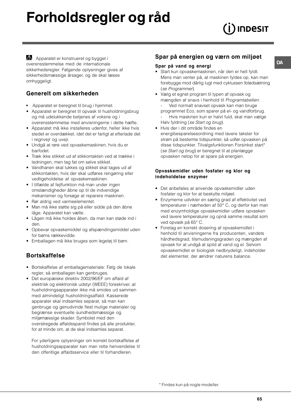 Forholdsregler og råd, Generelt om sikkerheden, Bortskaffelse | Spar på energien og værn om miljøet | Indesit DIF-26-A User Manual | Page 65 / 80