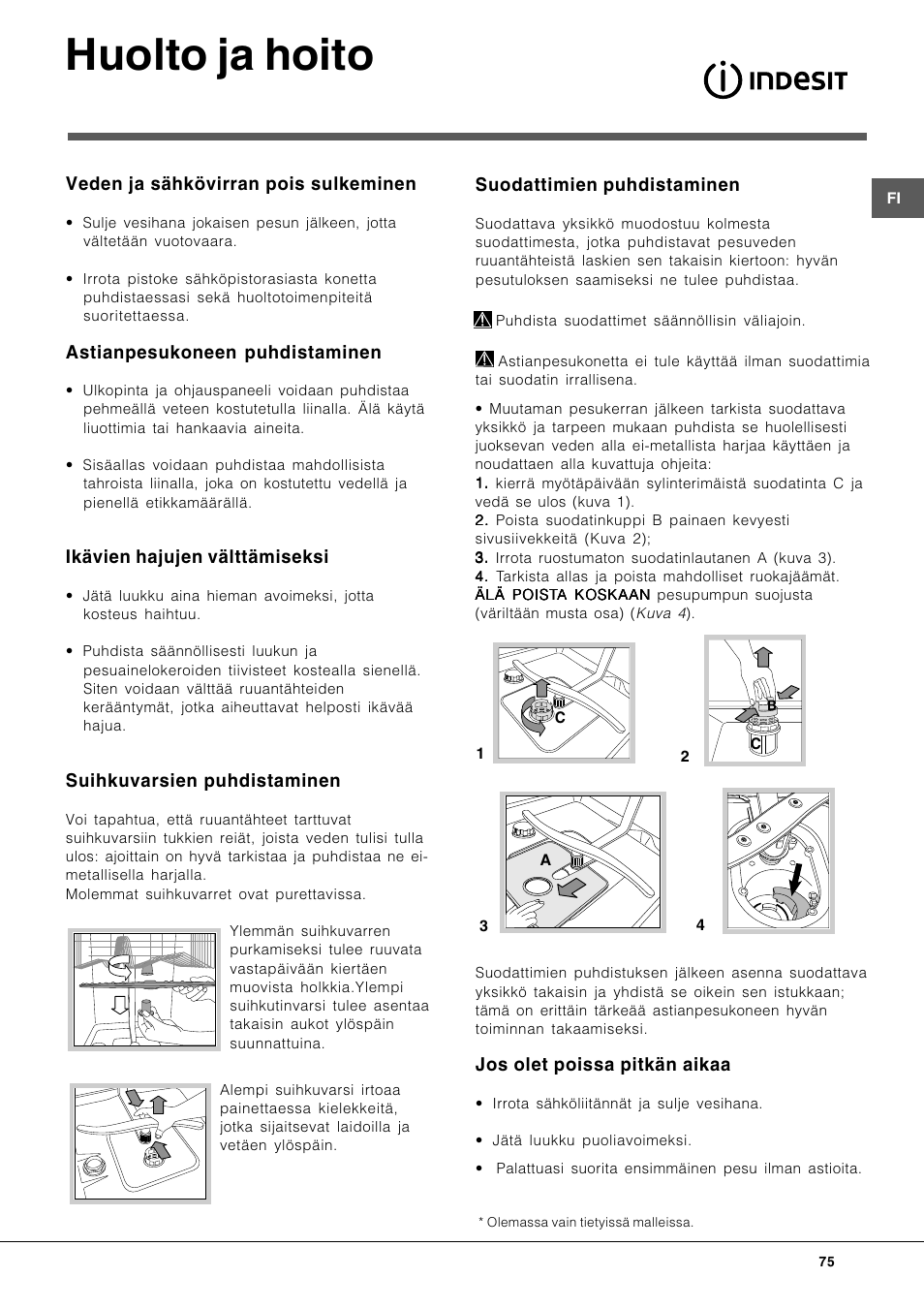 Huolto ja hoito | Indesit DIF-26-A User Manual | Page 75 / 80
