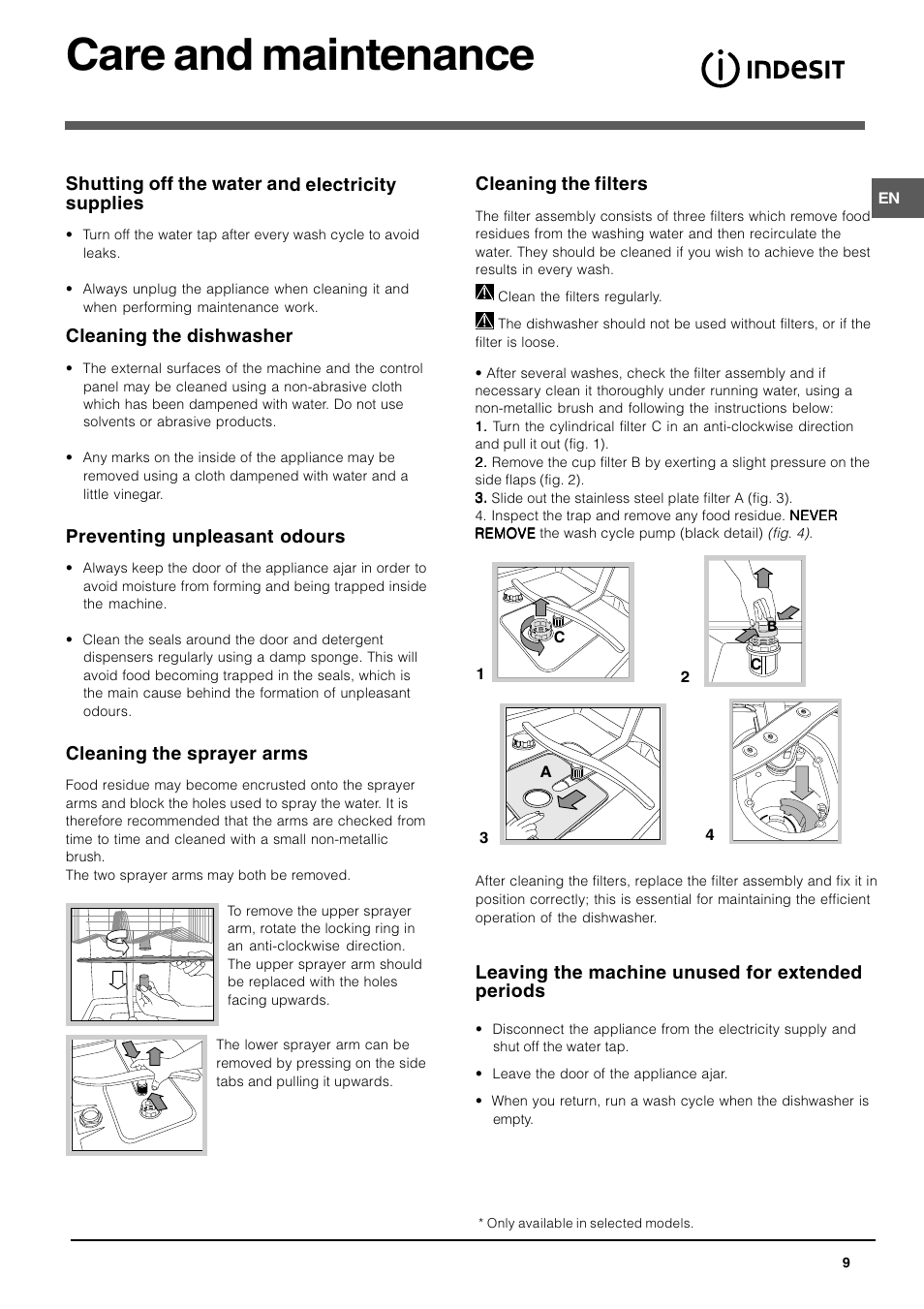 Care and maintenance, Shutting off the water and electricity supplies, Cleaning the dishwasher | Preventing unpleasant odours, Cleaning the sprayer arms, Cleaning the filters, Leaving the machine unused for extended periods | Indesit DIF-26-A User Manual | Page 9 / 80