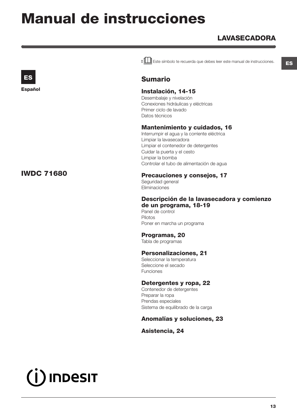 Manual de instrucciones, Sumario, Lavasecadora | Indesit IWDC-71680-ECO-(EU) User Manual | Page 13 / 84