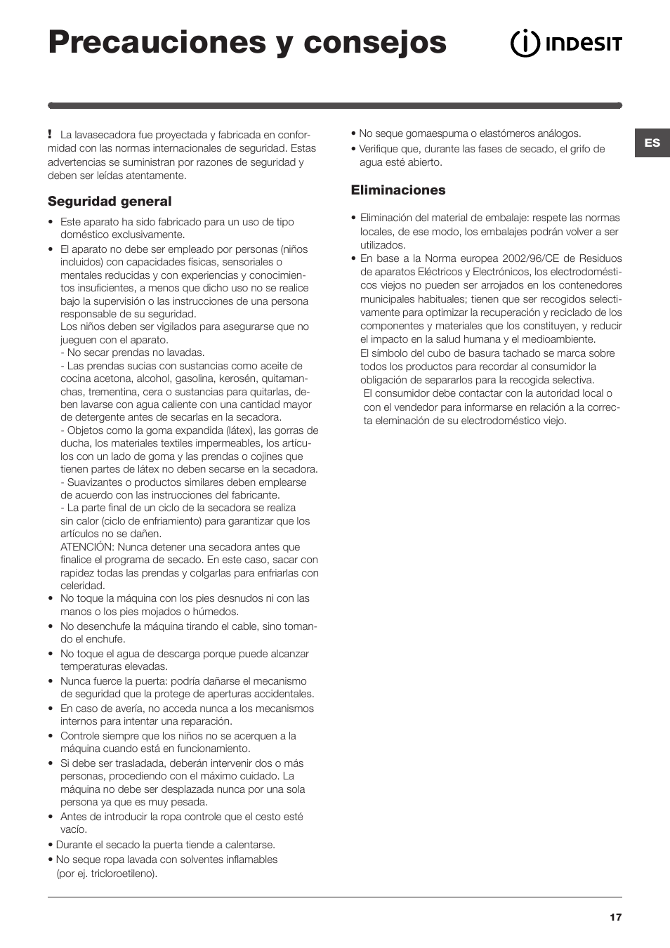 Precauciones y consejos | Indesit IWDC-71680-ECO-(EU) User Manual | Page 17 / 84