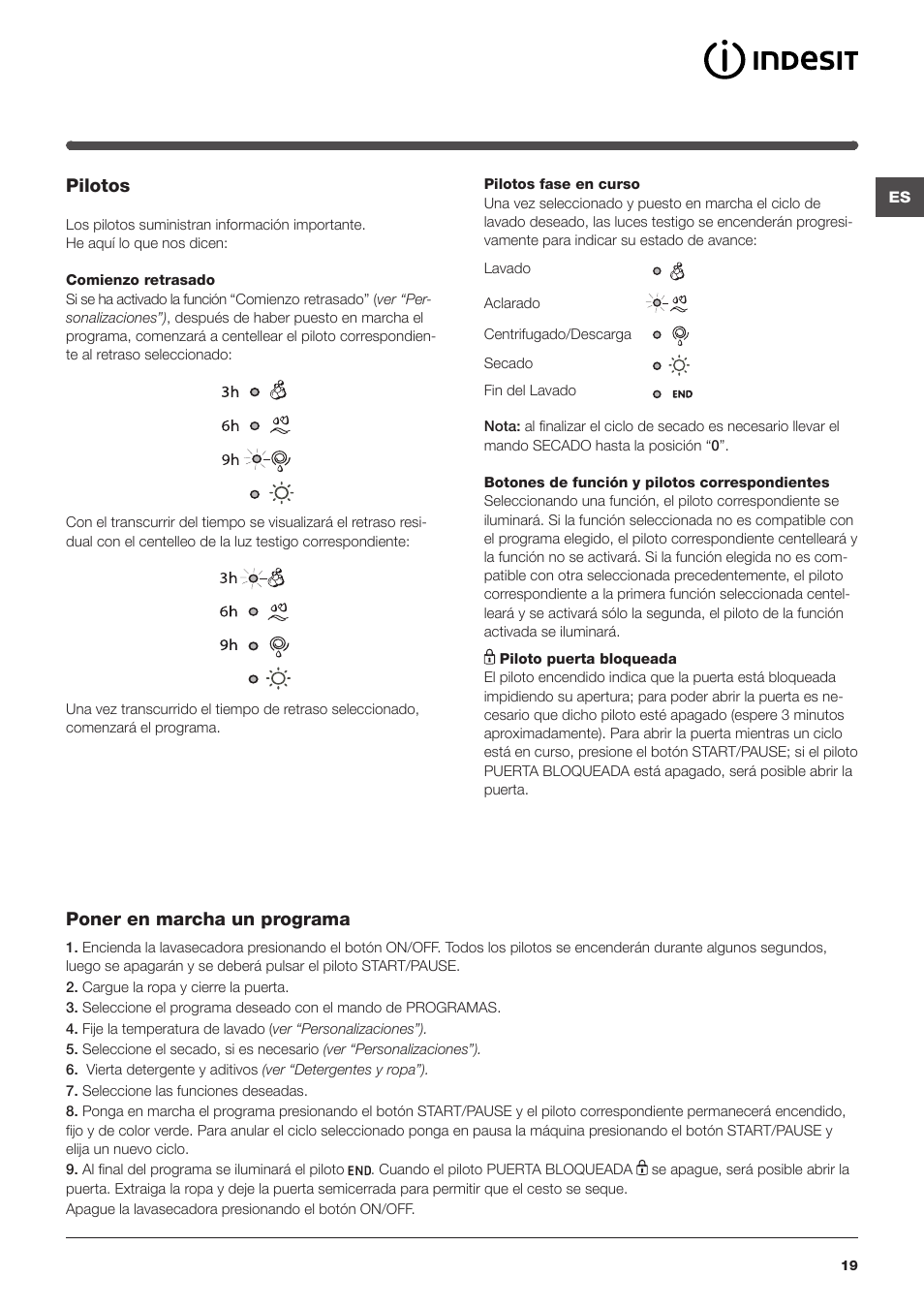 Pilotos, Poner en marcha un programa | Indesit IWDC-71680-ECO-(EU) User Manual | Page 19 / 84