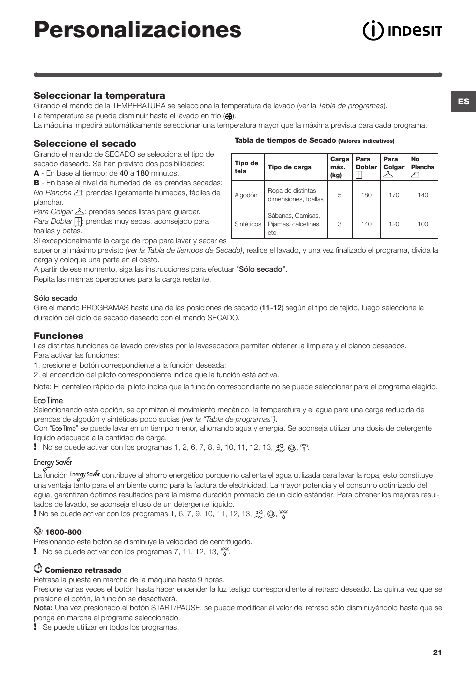 Personalizaciones, Seleccionar la temperatura, Seleccione el secado | Funciones | Indesit IWDC-71680-ECO-(EU) User Manual | Page 21 / 84