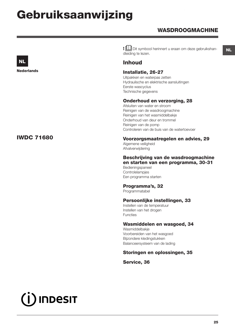 Gebruiksaanwijzing, Inhoud, Wasdroogmachine | Indesit IWDC-71680-ECO-(EU) User Manual | Page 25 / 84