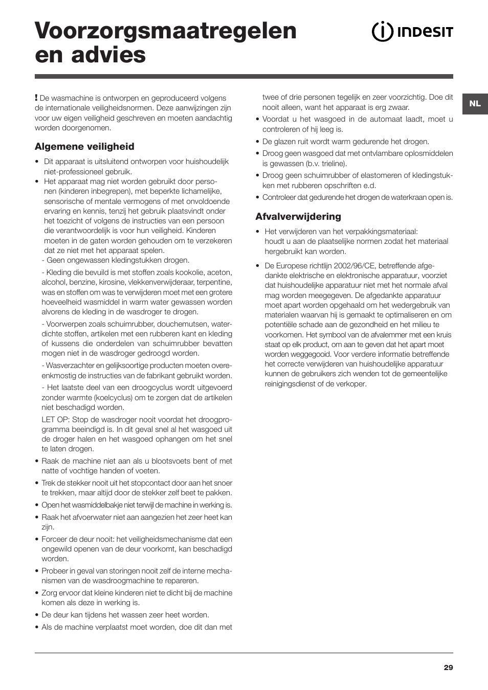 Voorzorgsmaatregelen en advies | Indesit IWDC-71680-ECO-(EU) User Manual | Page 29 / 84